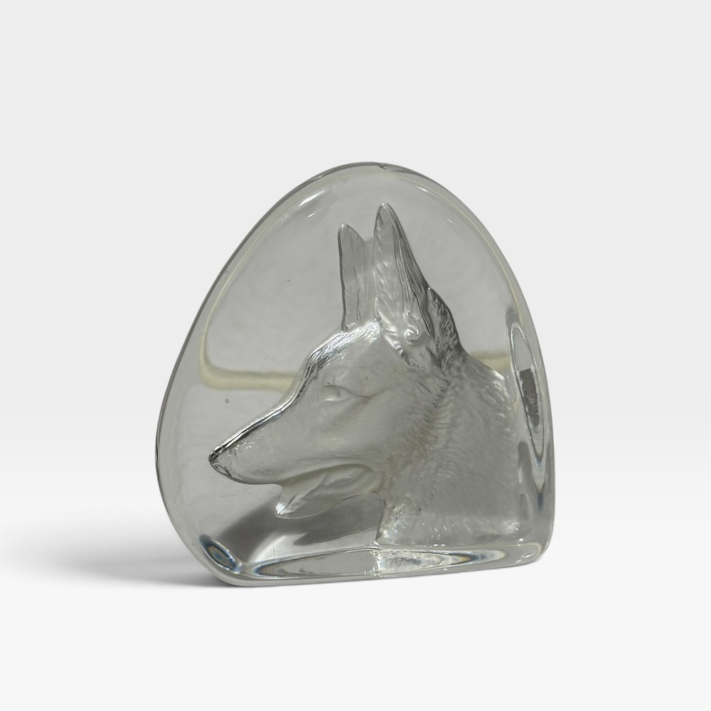 Vintage Crystal Glass German Shepherd Dog Paperweight Intaglio Art Sculpture
